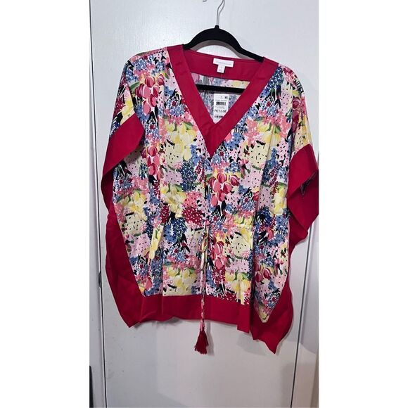 Charter Club Women's Printed V Neck Poncho Top Red Petite Size Large NWT P1-40 - Picture 3 of 11